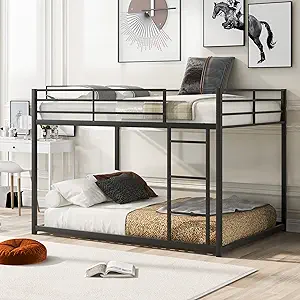 Full Over Full Metal Low Bunk Bed For Kids, Sturdy Floor Bedframe With L... - $490.99