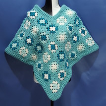 Granny Square Poncho in Teals and White by Mumsie of Stratford.  - £34.75 GBP