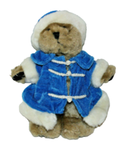 CHERRYHILL FARMS TAN PLUSH TEDDY BEAR 8 INCH BLUE FUR TRIMMED COAT - £3.95 GBP