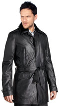 Black Long Coat Brando Style Real Leather Front Buttons Belted Waist Men Fashion - £203.98 GBP