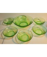 Federal Green Uranium Fruit Bowl &amp; 7 Matching Berry Bowls Thumbprint Pat... - $68.60 CAD