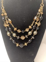 Layered Gold Tone Link Chain Necklace Black Clear And Animal Print Beads 21 inch - £6.37 GBP