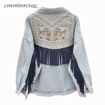 Denim Jacket Korean Floral Embroidery Suede Fringe Loose Chaquetas Mujer Coat Lo - £58.00 GBP