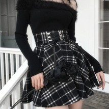 High Waist Plaid Lace Up Skirt | Women A-Line Wool Blend Skirt Gothic Skirt - £38.40 GBP