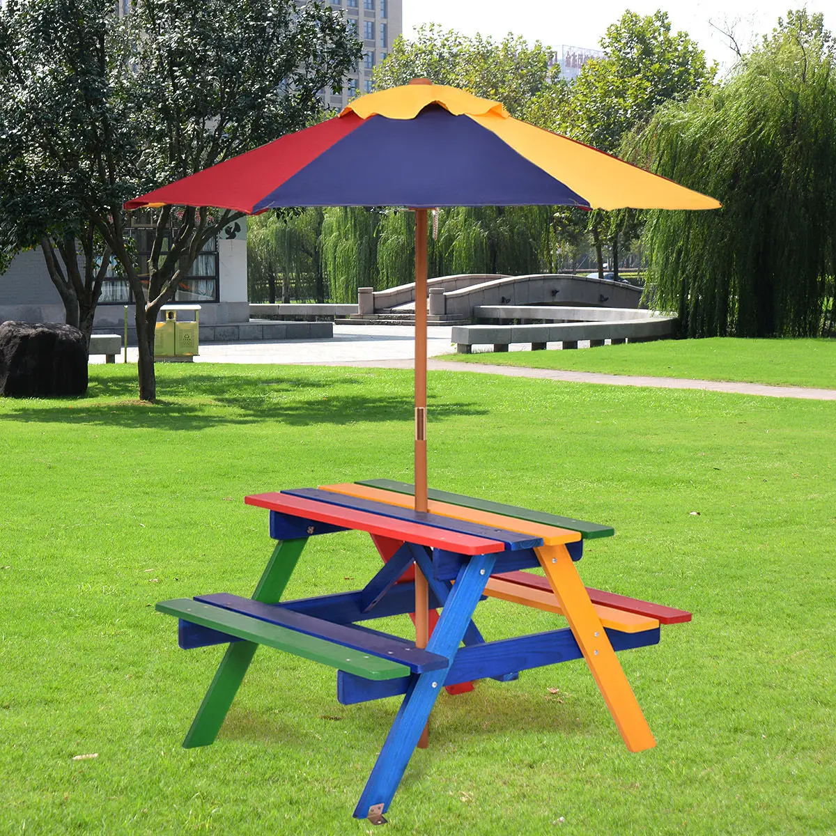 Costway 4 Seat Kids Picnic Table w/Umbrella Garden Yard Folding Children Bench - £100.38 GBP