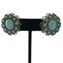 Filigree Faux Turquoise Earrings Clip On Vintage Silver Tone Southwester... - $19.79