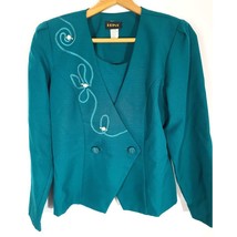 80s Vintage Teal Long Sleeve Blouse with Shoulder Pads and Floral Detail - $8.68