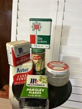 Lot of 6 Spice metal tins &amp; jars Farmhouse kitchen red green 60s 70s 80s pimento - $23.76