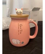 Cute Cat Ceramic Mug 15 oz Ceramic Coffee Cup with Lovely kitty Wood Lid... - £13.39 GBP