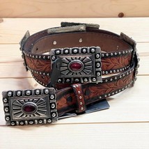 Lucky &amp; Blessed handmade leaf design genuine leather belt in Brown - size L - £43.95 GBP