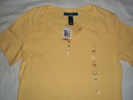Macys Karen Scott Henley Womans Yellow Short Sleeve Top T-Shirt Small - £15.79 GBP