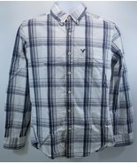 V) American Eagle Outfitters Men&#39;s Athletic Fit Plaid Blue White Grey Shirt - £11.66 GBP