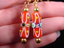 (EE-504-46) RED white stripe swirl DOT glass long dangle earrings lampwork SPOTS - £9.80 GBP