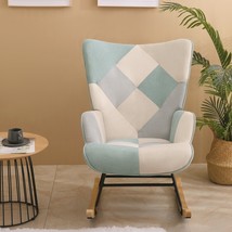 Mid Century Fabric Rocker Chair With Wood Legs And Patchwork Linen For L... - $161.72