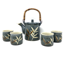 Vintage Studio Art Pottery Tea Set Bamboo Design Stoneware Teapot &amp; 4 Cups Mugs - £35.39 GBP