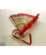 Vintage folding hand fan red feather lace trim - $19.75
