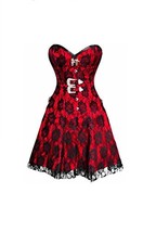 Red Satin Black Net Overlay Gothic Plus Size Waist Shaper Overbust Corset Dress - £75.93 GBP