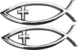 2PC 3D Car Chrome Decal Emblem Sticker Religious CROSS Christian Fish Symbol - £8.77 GBP