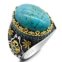 Brand New 925 Sterling Silver Men's Natural Turquoise Ring, Vintage Engraving De - £57.27 GBP