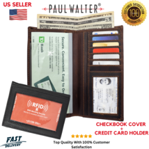 Men Vintage Leather Long Checkbook Cover &amp; Free 1 Card Holder with RFID ... - $22.76