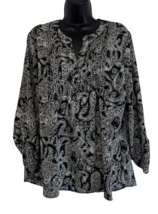 Kim Rogers Ladies Henley Top Polyester Black White Green Paisley Floral Size XL - £17.31 GBP