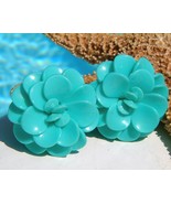 Vintage Lucite Plastic Flower Earrings Turquoise Blue Clip-Ons - £11.94 GBP