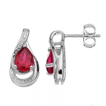 1.5CT Pear Simulated Ruby &amp; Diamond Teardrop Stud Earrings 14K White Gold Plated - £35.13 GBP