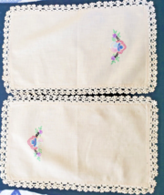 Embroidered Crocheted 2 Small Tan Vanity Dresser Scarfs Pansies 10&quot; x 16&quot; VTG - £6.22 GBP