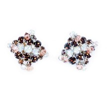 VTG Earrings Sparkling Square Aurora Borealis Amber Clip-On 1950S Womens  - $27.67