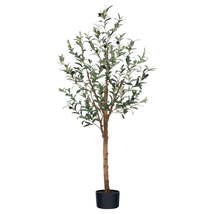 6FT Artificial Olive Tree with Fruits and Wood Branches, Plant Black Plastic Pot - £56.44 GBP