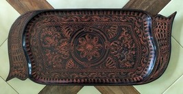 Lacquered Black Wooden Tray w/ Orange Tribal Etching (9.5 x 21&quot;) - £15.68 GBP
