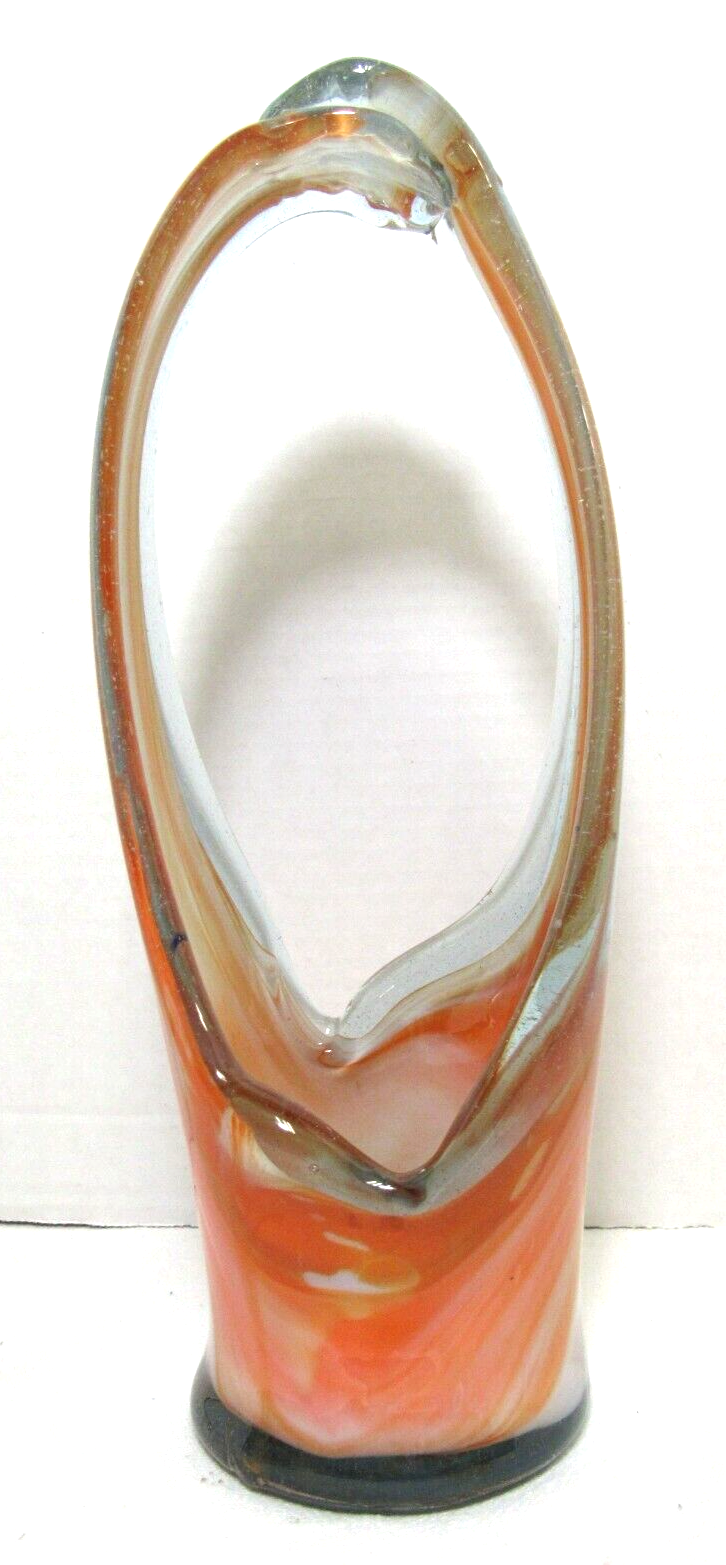 Primary image for Vtg Handblown Stretch Art Glass Basket Vase Orange White Swirl 11.5"