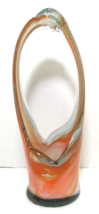 Vtg Handblown Stretch Art Glass Basket Vase Orange White Swirl 11.5&quot; - £39.32 GBP