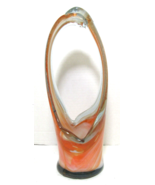 Vtg Handblown Stretch Art Glass Basket Vase Orange White Swirl 11.5&quot; - £39.32 GBP