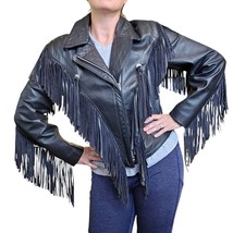 Vintage 80s Womens 6 8 Black Leather Western Jacket Fringe Moto Biker Cowgirl - £111.80 GBP