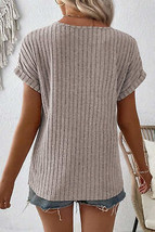 Parchment Wide Ribbed Notched V Neck Button Decor T shirt - £12.98 GBP