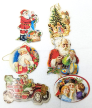 Victorian Santa Christmas Ornament Kids Pressed Cardboard Set of 6 1980 Vintage - $12.30