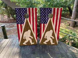 Waterproof Cornhole WRAPS / USA Flag and Bigfoot / Wood Grain / Laminated  - $85.00