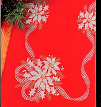 CROSS STITCH POINSETTIA TABLERUNNER WHITE ON RED KIT CHRISTMAS BUCILLA - $24.98
