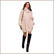 Loose Long Sleeve Beige or Gray Knitted Cowl Turtleneck Pullover Sweater Dress