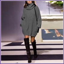 Loose Long Sleeve Beige or Gray Knitted Cowl Turtleneck Pullover Sweater Dress image 4