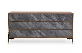 63" Walnut And Grey Faux Marble Wood Six Drawer Double Dresser - $24,352.07 MXN