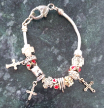 Charm Bracelet Silver Tone July Birthstone Ruby Cherry Red Glass Beads Crosses - £10.19 GBP