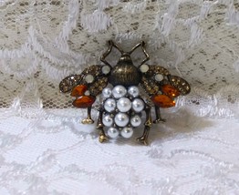 Bejeweled Bee Brooch ~ Vintage Look ~ Faux Pearls Marquis Cut Citrine And Opals - £12.06 GBP
