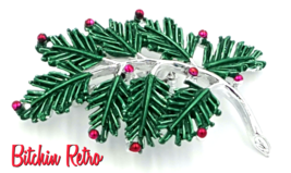 Gerrys Vintage Christmas Pine Bough Brooch with Silver and Red Accents - £12.55 GBP