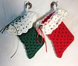 2 Small Hand Crocheted Stockings for Treats Flatware Red Green 7" x 3.5" - $15.95