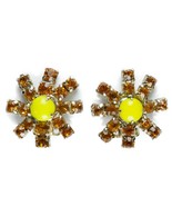Vintage Clip On Earring Orange Rhinestone Flowers 70s Yellow Floral Gold... - £11.78 GBP