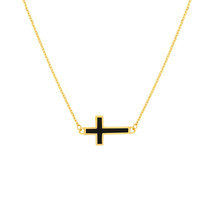 14K Solid Yellow Gold Black Enamel Sideways Cross Necklace - Adjustable 16&quot;-18 - £191.47 GBP