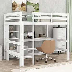 Merax Full Size Loft Bed with Storage Shelves and Under-Bed Desk, Solid ... - $832.99