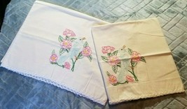 vintage embroidered heavy pillowcases with lace &amp; bird and flowers - £11.86 GBP